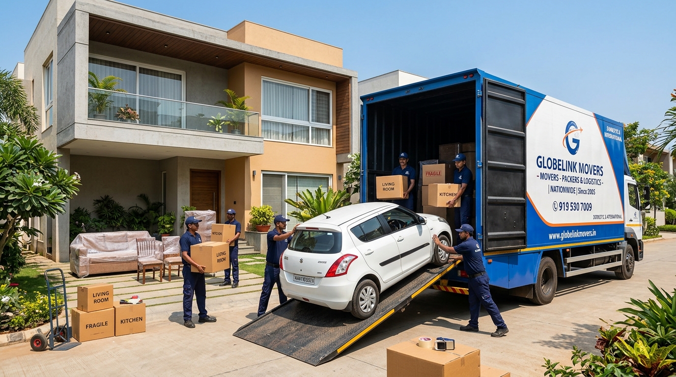 VRL Cargo professional movers packing household furniture, moving boxes, car and loading onto cargo logistics truck